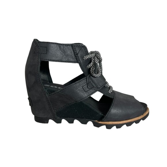Sorel Joanie Wedge Lace up Sandals Size 7.5 Black Leather Gladiator - Picture 3 of 9